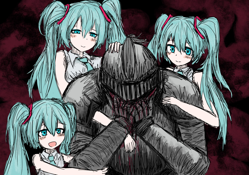 1boy, 3girls, age_comparison, aqua_eyes, aqua_hair, aqua_necktie, armor, black_souls