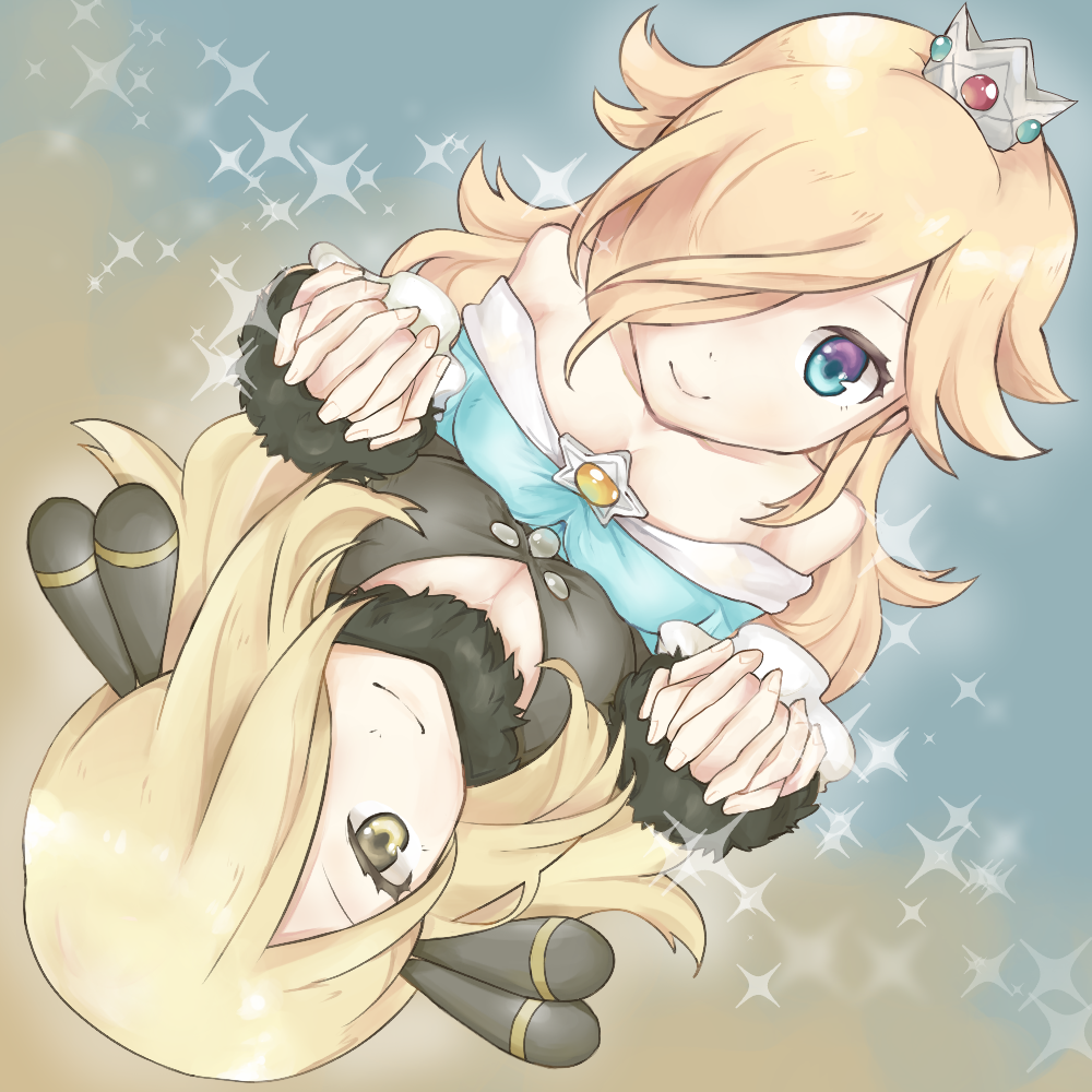 2girls, bare_shoulders, black_coat, blonde_hair, blue_dress, blue_eyes, brooch, closed_mouth