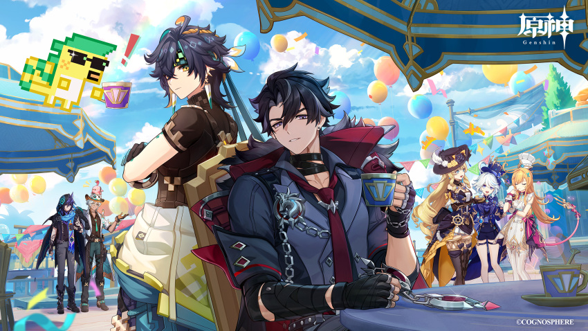 !, 3girls, 4boys, ajaw_(genshin_impact), arm_tattoo, balloon, black_gloves, black_hair