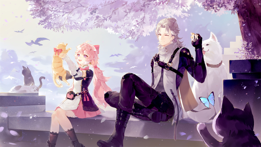 1boy, 1girl, aalto_(wuthering_waves), black_gloves, bow, cat, dress, encore_(wuthering_waves)