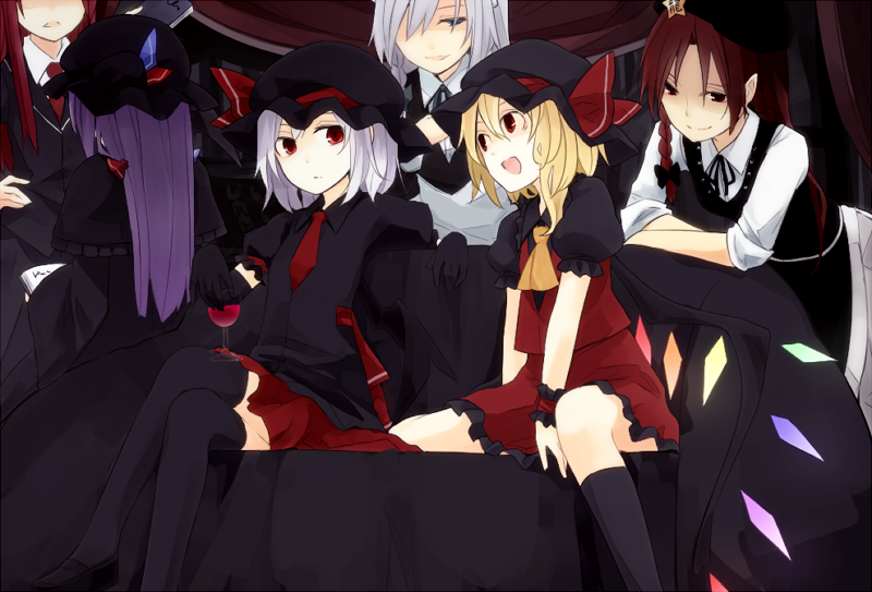 6girls, ascot, black_gloves, black_legwear, blonde_hair, blue_eyes, braid, crossed_legs