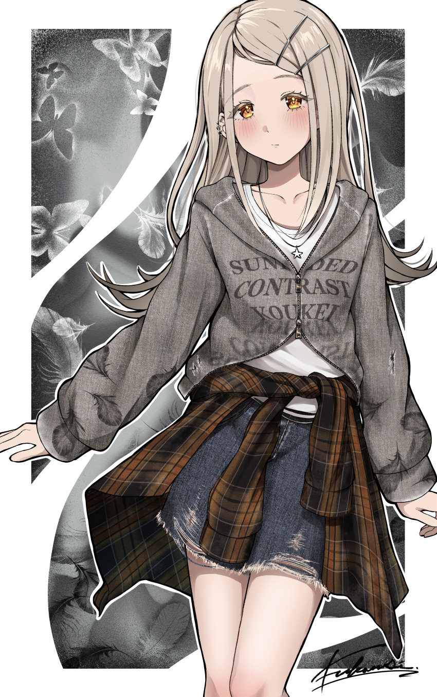1girl, absurdres, black_jacket, blonde_hair, blush, border, bug, butterfly, closed_mouth, clothes_around_waist, collarbone, colored_eyelashes, commentary_request, contrapposto, contrast_(idolmaster), cowboy_shot, denim, denim_skirt, ear_piercing, feather_print, feathers, flipped_hair, fukanse_(jxyj7223), gakuen_idolmaster, gradient_hair, grey_hair, grey_jacket, hair_ornament, hairclip, highres, hood, hood_down, hooded_jacket, idolmaster, jacket, jacket_around_waist, jewelry, koukei_(idolmaster), long_hair, long_sleeves, looking_at_viewer, monochrome_background, multicolored_hair, multicolored_jacket, necklace, orange_eyes, orange_jacket, outside_border, parallel_hairclips, parted_bangs, piercing, plaid_clothes, plaid_jacket, print_jacket, shinosawa_hiro, shirt, signature, skirt, solo, song_name, standing, star_(symbol), star_necklace, sunfaded_(idolmaster), two-tone_jacket, white_border, white_shirt, zipper, zipper_pull_tab