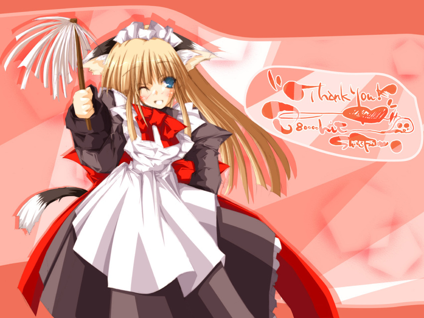 1girl, 2000s_(style), abstract_background, animal_ear_fluff, animal_ears, anime_coloring, apron, aqua_eyes, archived_source, arm_behind_back, back_bow, bad_link, blunt_bangs, blunt_ends, blunt_sidelocks, blush, bow, brown_dress, brown_fur, brown_sleeve_cuffs, brown_sleeves, brown_tail, cat_ears, cat_girl, cat_tail, dress, duster, ears_down, english_text, facing_viewer, frilled_apron, frills, heart, holding, holding_duster, large_bow, long_dress, long_hair, looking_to_the_side, maid, maid_apron, maid_headdress, milestone_celebration, one_eye_closed, original, petticoat, pink_background, red_bow, retro_artstyle, shinkichi_(usadama), sidelocks, sleeve_cuffs, smile, solo, standing, tail, teeth, two-tone_fur, white_apron, white_fur, white_headdress, white_tail