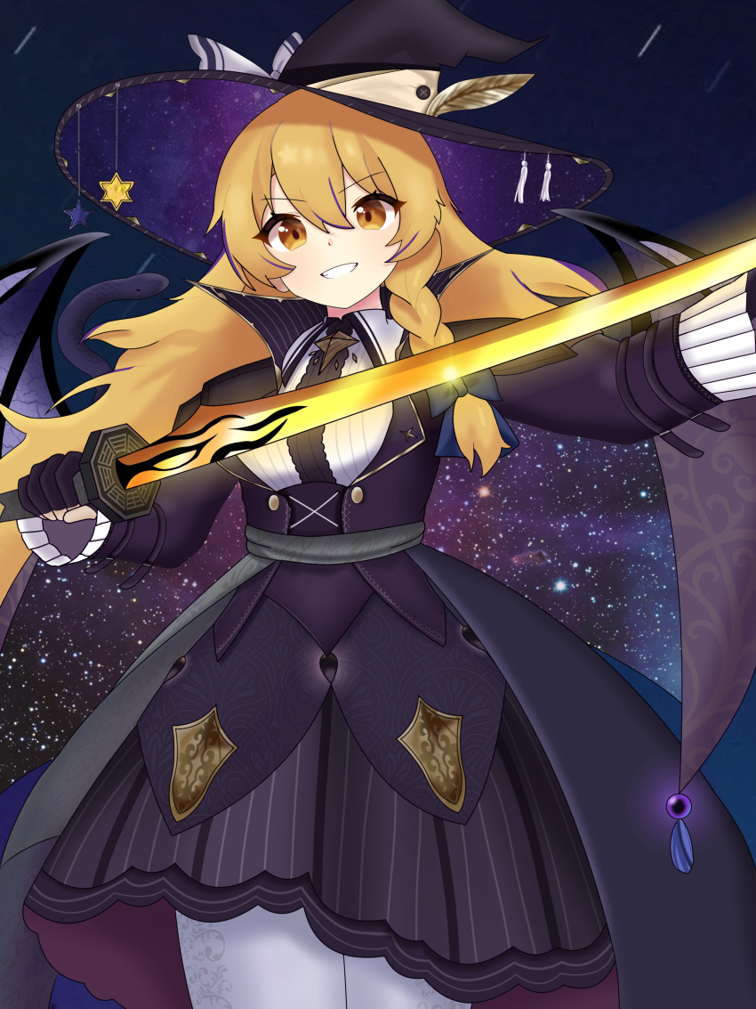 1girl, absurdres, black_hat, black_jacket, black_skirt, blonde_hair, bow, braid