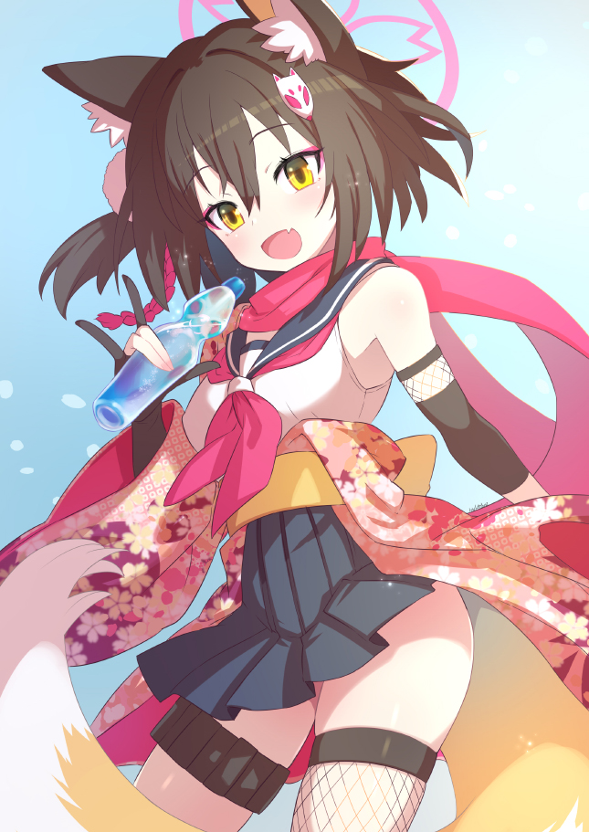 animal_ear_fluff, animal_ears, blue_archive, bottle, brown_hair, eyeshadow, fang, fishnet_thighhighs