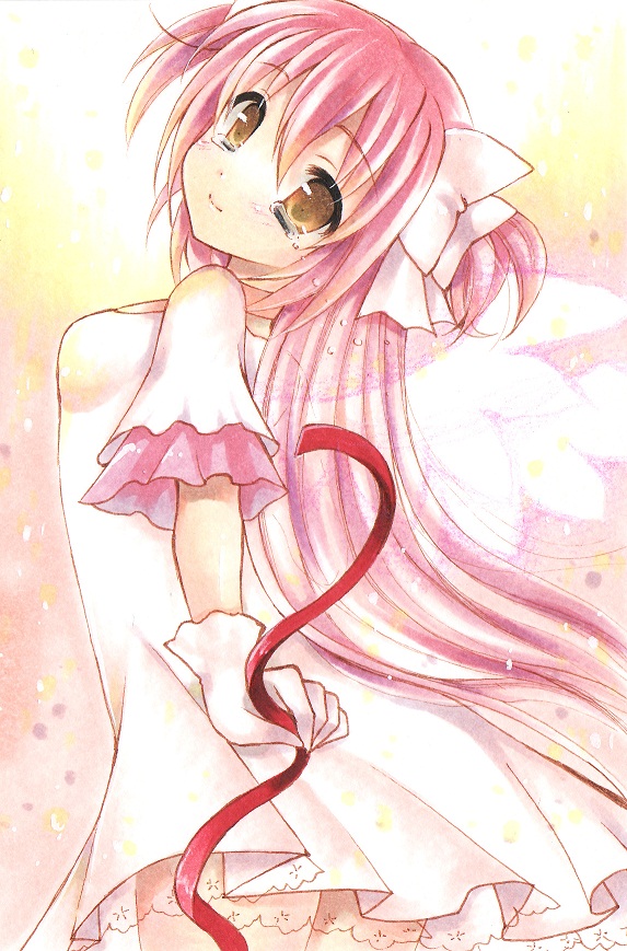 bad_id, bow, gloves, goddess_madoka, hair_bow, ichigohou, kaname_madoka, long_hair