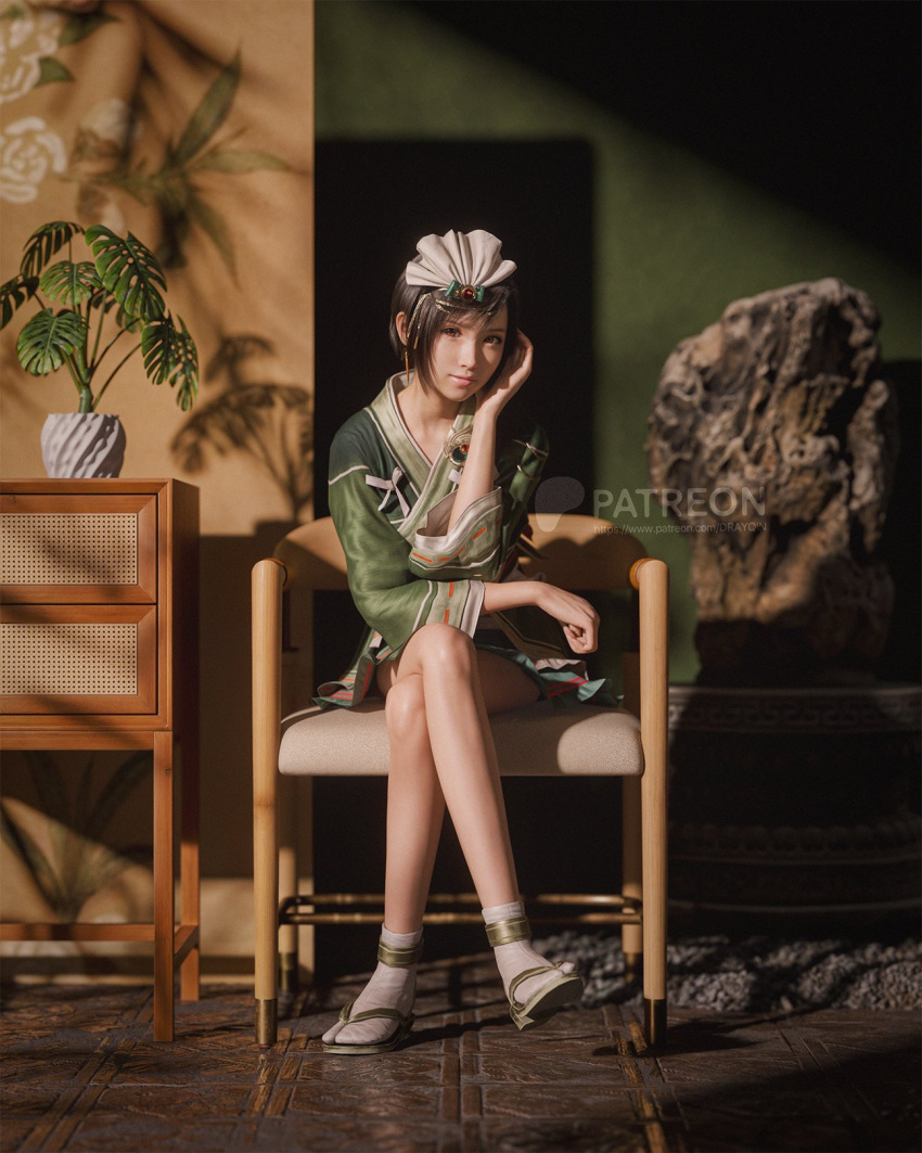1girl, 3d, chain, closed_mouth, crossed_legs, drayqin, final_fantasy, final_fantasy_vii, final_fantasy_vii_rebirth, final_fantasy_vii_remake, full_body, head_on_hand, headdress, highres, japanese_clothes, kimono, light_smile, looking_at_another, official_alternate_costume, patreon_username, plant, potted_plant, sandals, short_hair, short_kimono, socks, solo, tile_floor, tiles, yuffie_kisaragi, yuffie_kisaragi_(wutai_pop_star)