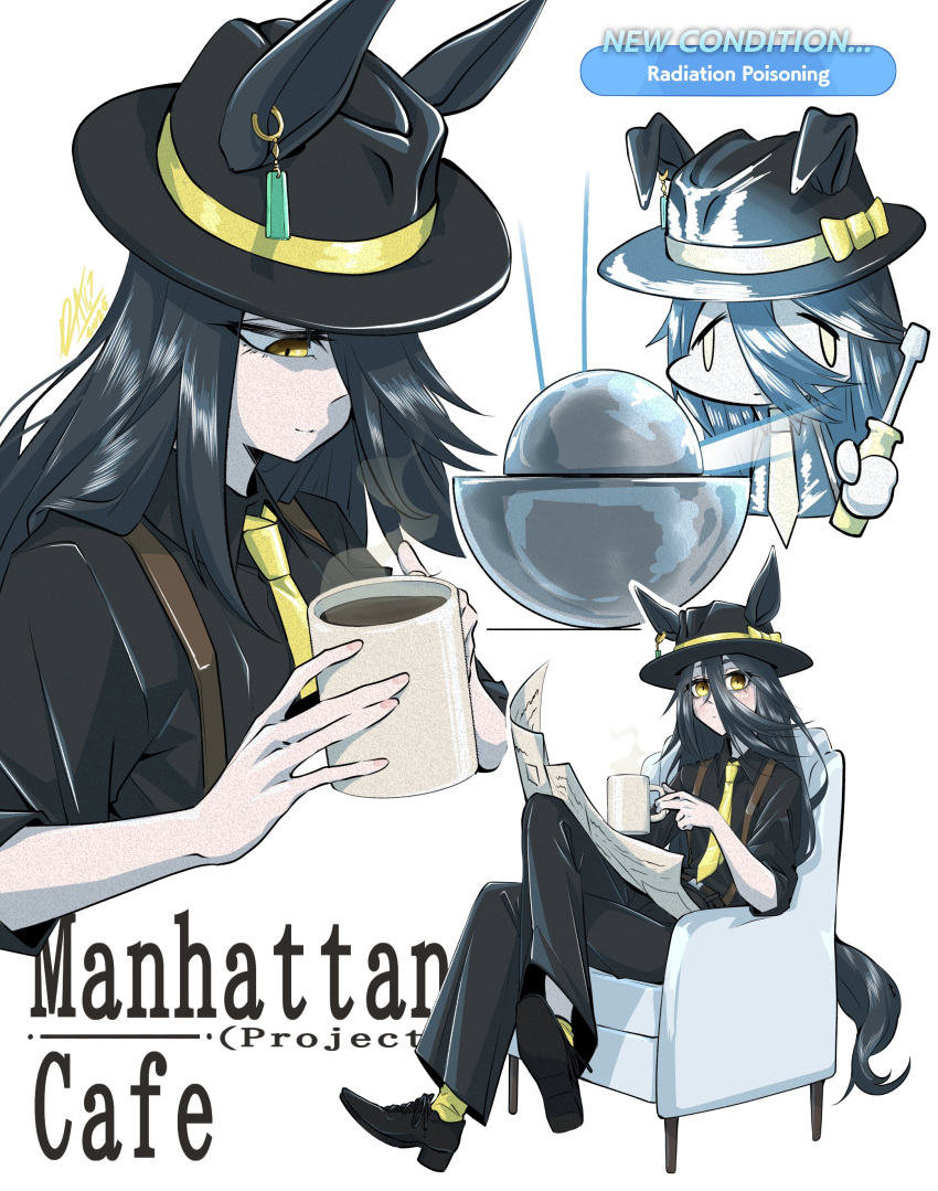 1girl, absurdres, animal_ears, armchair, black_hair, black_hat, black_pants, black_shirt