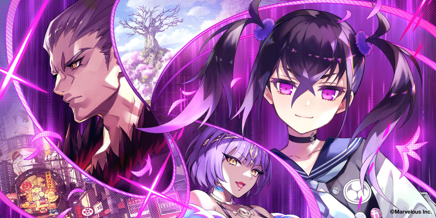 1boy, 2girls, azami_(sakura_ignoramus), black_choker, choker, cleopatra_(sakura_ignoramus), closed_mouth, commentary_request
