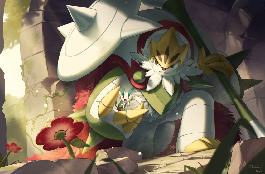 absurdres, cape, chesnaught, claws, colored_skin, fangs, floette, floette_(red_flower)