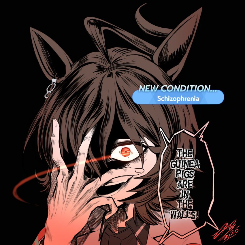 1girl, absurdres, agnes_tachyon_(umamusume), ahoge, animal_ears, black_background, brown_hair, commentary, constricted_pupils, crazy, crazy_smile, docileart, english_commentary, english_text, eye_trail, gameplay_mechanics, hand_over_face, hand_up, highres, horse_ears, horse_girl, light_trail, looking_at_viewer, open_mouth, partially_shaded_face, portrait, red_eyes, short_hair, signature, simple_background, smile, solo, speech_bubble, umamusume