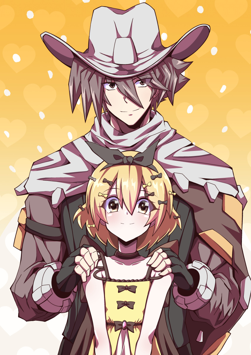 1boy, 1girl, absurdres, black_bow, black_choker, black_gloves, blonde_hair, bow