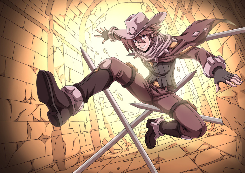 1boy, absurdres, black_gloves, black_vest, booby_trap, boots, brown_cape, brown_eyes