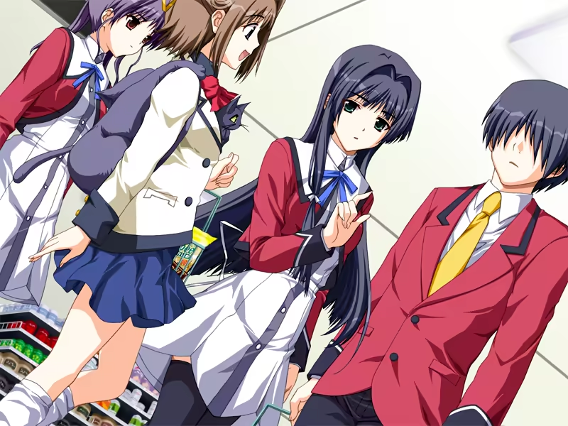 1boy, 3girls, black_hair, black_thighhighs, brown_hair, cat, doko_e_iku_no_ano_hi, game_cg