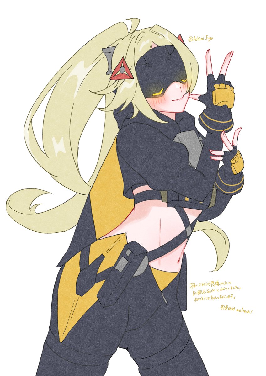 1girl, ashimi_fugo, black_pants, black_shrug, blindfold, blonde_hair, blush, camouflage