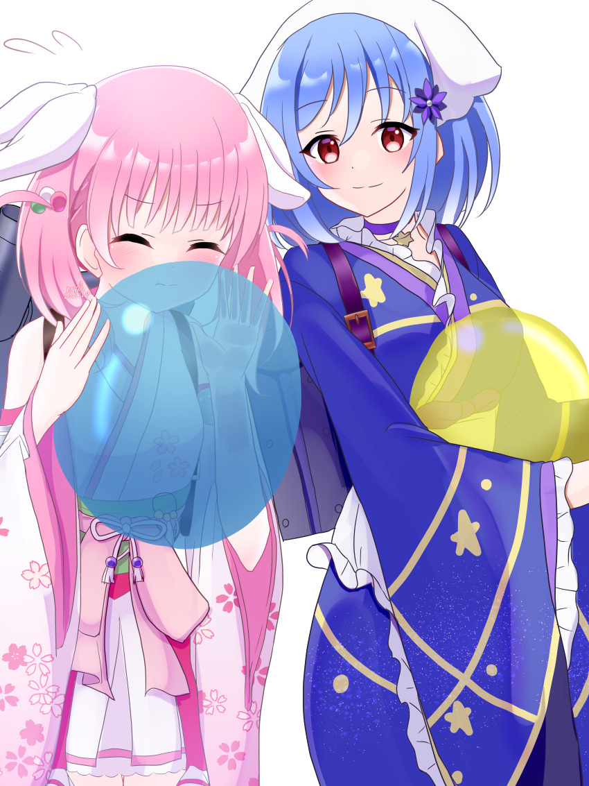 2girls, absurdres, balloon, blowing, blue_hair, blue_kimono, closed_eyes, flower