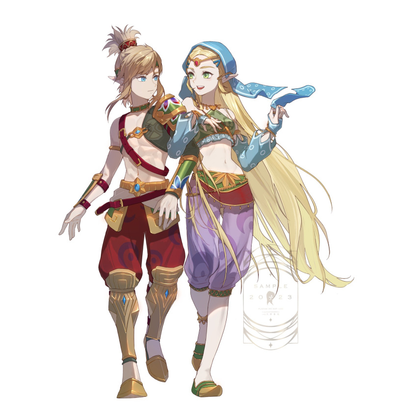 1boy, 1girl, aqua_eyes, aqua_scarf, aqua_sleeves, armor, armored_boots, bare_shoulders