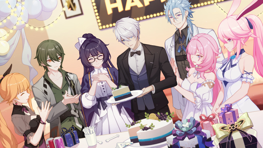 3boys, 3girls, :d, absurdres, animal_ears, ato_(honkai_impact), bad_source, bare_shoulders, black_bow, black_bowtie, black_dress, black_jacket, blue_eyes, blue_hair, bow, bowtie, cake, cake_slice, can, chinese_commentary, closed_eyes, closed_mouth, collared_shirt, commentary_request, dress, drink_can, dystopia_(honkai_impact), earrings, elf, elysia_(honkai_impact), food, formal_clothes, fox_ears, gift, glasses, green_hair, grey_shirt, grey_vest, hair_bow, highres, holding, holding_plate, honkai_(series), honkai_impact_3rd, indoors, jacket, jewelry, kevin_kaslana, kosma, long_hair, mei_(honkai_impact), multiple_boys, multiple_girls, official_art, official_wallpaper, orange_eyes, orange_hair, pants, pink_hair, plate, pointy_ears, ponytail, purple_dress, shirt, short_hair, sleeveless, sleeveless_dress, smile, soda_can, table, vest, violet_eyes, white_dress, white_jacket, white_pants, white_shirt, white_sleeves, yae_sakura, yae_sakura_(goushinnso_memento)