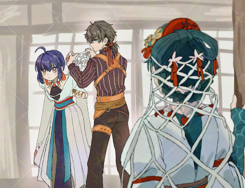 1boy, 1girl, 1other, ahoge, belt, black_hair, braid, braided_bun, braided_hair_rings, command_spell, danshi_koukousei_no_nichijou, earrings, fate/samurai_remnant, fate_(series), feminization, fishing_net, green_hair, hair_bun, hair_rings, highres, jewelry, low_ponytail, magatama, magatama_earrings, magatama_necklace, miyamoto_iori_(fate), miyamoto_iori_(phantasmal_dress)_(fate), nao_oppaisukiii, necklace, net, ototachibana-hime_(fate), parody, pinstripe_pattern, pinstripe_shirt, ponytail, shirt, shoulder_guard, sidelocks, striped_clothes, striped_shirt, thigh_belt, thigh_strap, vertical-striped_clothes, vertical-striped_shirt, watermark, yamato_takeru_(fate), yamato_takeru_(phantasmal_dress)_(fate)