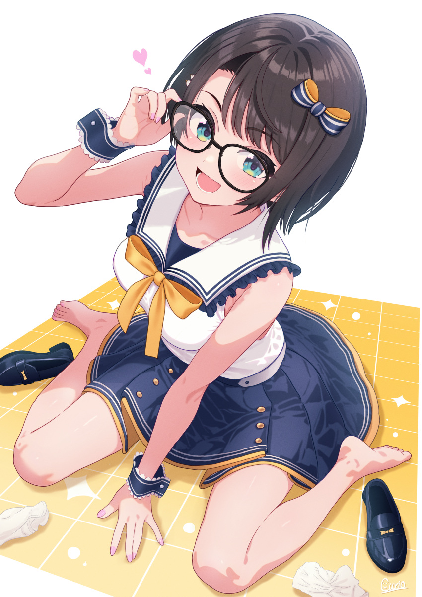 1girl, :d, absurdres, adjusting_eyewear, bare_arms, barefoot, black_hair, blue_eyes