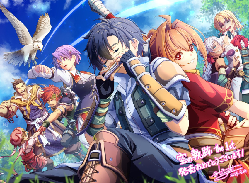 4boys, 4girls, agate_crosner, ahoge, antenna_hair, arm_guards, ascot, bird