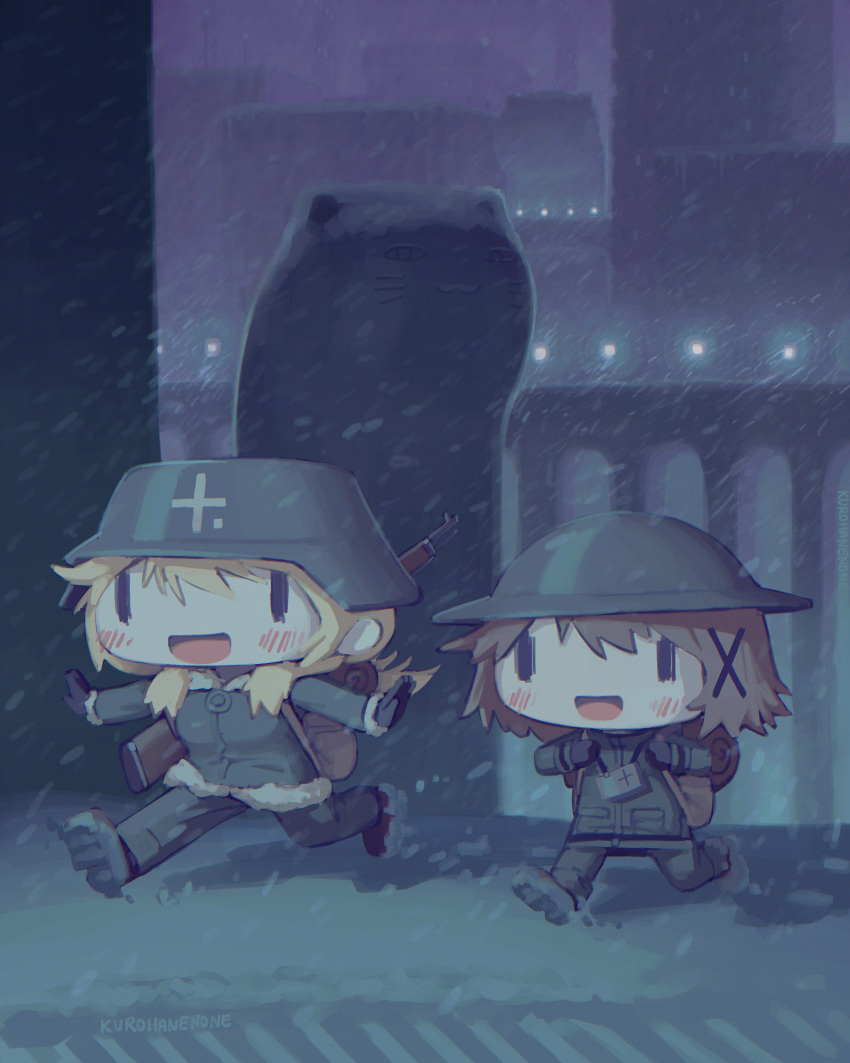 2girls, :3, :d, absurdres, black_eyes, blonde_hair, blush, boots