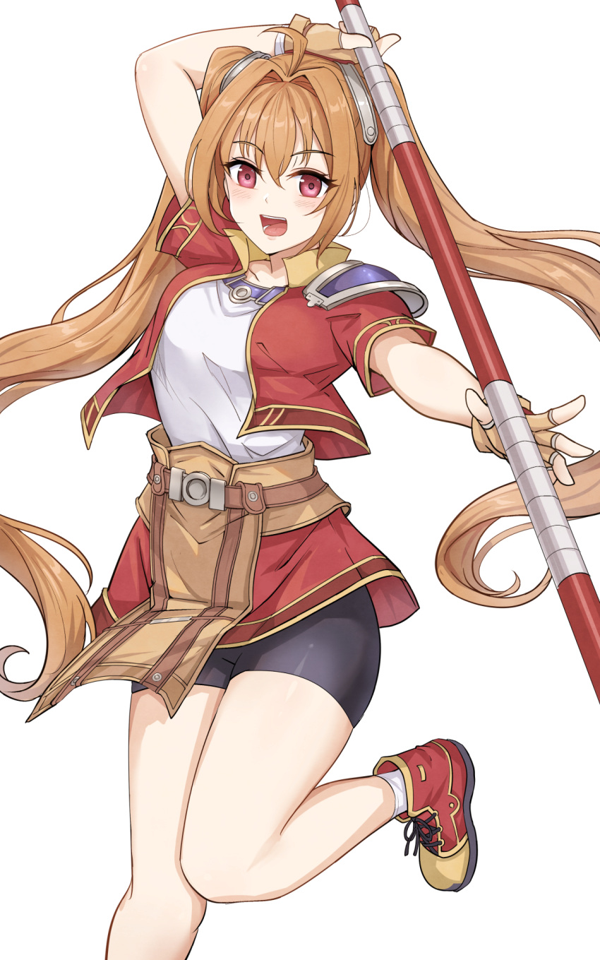 1girl, ahoge, antenna_hair, armor, bike_shorts, bike_shorts_under_skirt, bo_staff, brown_gloves, brown_hair, cropped_jacket, double-parted_bangs, eiyuu_densetsu, estelle_bright, fingerless_gloves, floating_hair, gloves, hair_between_eyes, hair_intakes, highres, holding, holding_staff, holding_weapon, long_hair, looking_at_viewer, open_mouth, pauldrons, red_eyes, short_sleeves, shorts, shorts_under_skirt, shoulder_armor, simple_background, single_pauldron, smile, solo, sora_no_kiseki, staff, twintails, upper_body, very_long_hair, weapon, white_background, yougenko