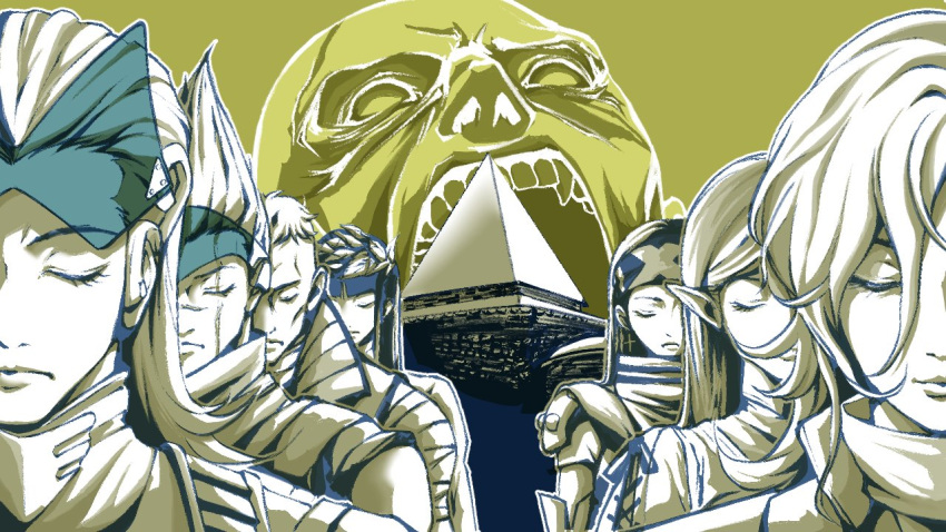 3girls, 5boys, aleph_(megami_tensei), beth_(megami_tensei), closed_eyes, daleth_(megami_tensei), earrings, fangs