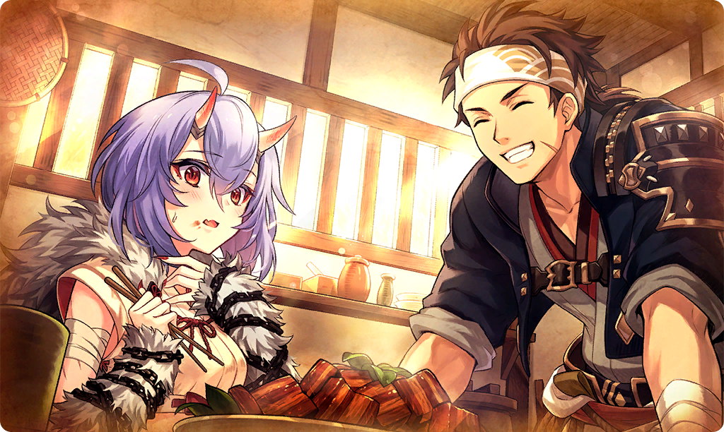 1boy, 1girl, ^_^, armor, black_hair, chopsticks, closed_eyes, commentary, fang, grin, holding, holding_chopsticks, horns, indoors, japanese_clothes, kaede_(ta_ga_tame_no_alchemist), kouga_(ta_ga_tame_no_alchemist), official_art, purple_hair, red_eyes, red_nails, scar, scar_on_face, shirt, short_hair, shoulder_armor, sitting, skin-covered_horns, skin_fang, sleeveless, sleeveless_shirt, smile, ta_ga_tame_no_alchemist, third-party_source