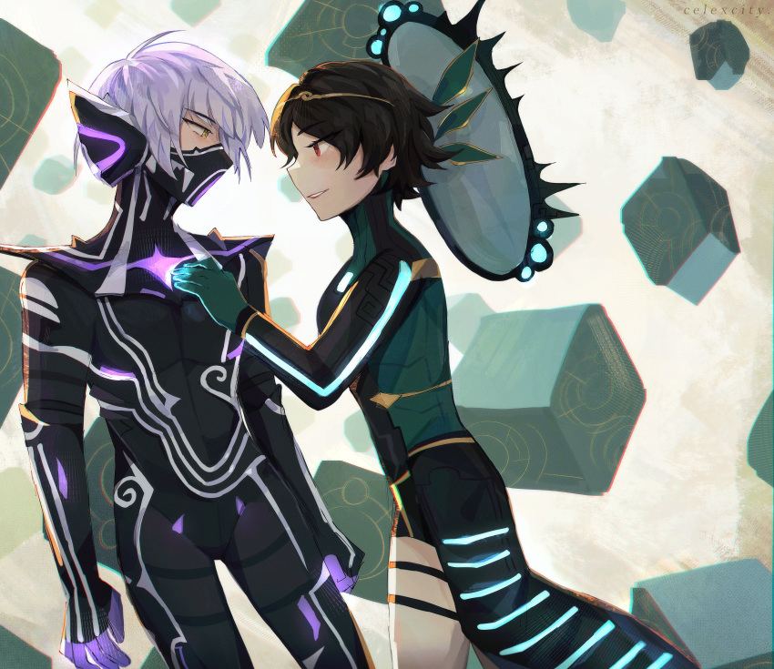1boy, 1girl, absurdres, artist_name, black_bodysuit, bodysuit, brown_hair, celexcity