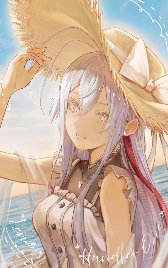 1girl, 86_-eightysix-, antenna_hair, arm_up, bare_arms, beach, bow, day