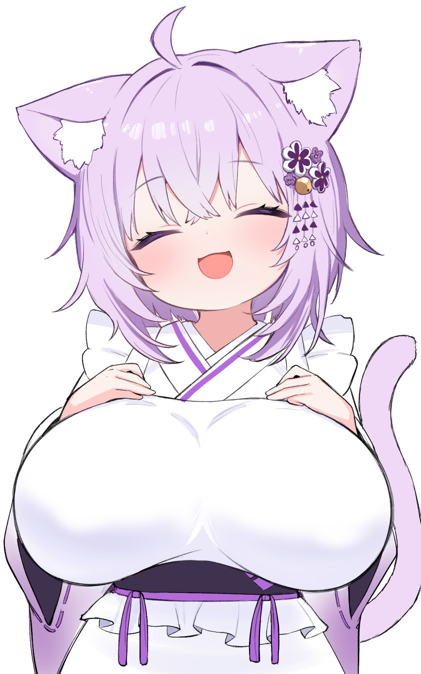 1girl, :d, ahoge, alternate_breast_size_(larger), animal_ear_fluff, animal_ears, blush, breasts, cat_ears, cat_girl, cat_tail, closed_eyes, commentary_request, hair_ornament, hands_on_own_chest, head_tilt, highres, hololive, huge_breasts, kani_bonara, kanzashi, medium_hair, nekomata_okayu, nekomata_okayu_(new_year), official_alternate_costume, purple_hair, simple_background, smile, solo, tail, upper_body, virtual_youtuber, white_background