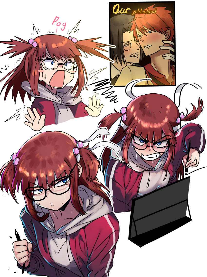1girl, absurdres, blue_eyes, brown_hair, ebora, fujoshi, glasses, hair_bobbles, hair_ornament, highres, hood, hood_down, hoodie, jacket, long_hair, manga_(object), multiple_views, otaku, red_jacket, ronove_(umineko), simple_background, sweat, track_jacket, two_side_up, umineko_no_naku_koro_ni, ushiromiya_ange, ushiromiya_battler, white_background, white_hoodie, yaoi_(object)