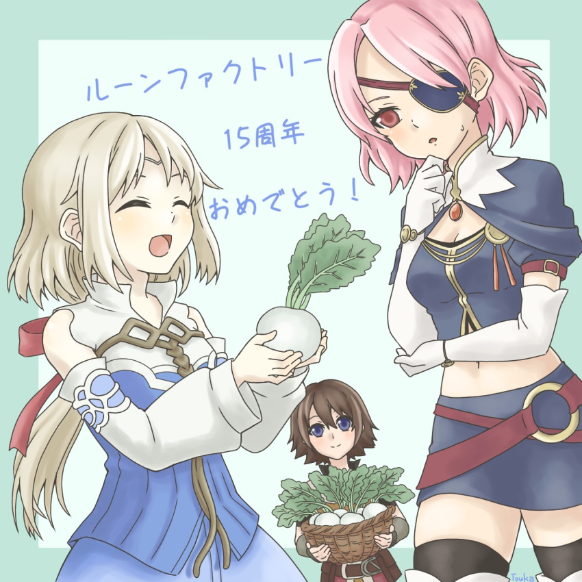 1boy, 2girls, ^_^, androgynous, basket, blonde_hair, blue_dress, blue_eyes