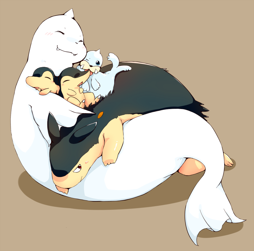 black_eyes, brown_background, child, closed_eyes, cyndaquil, dewgong, family, kinoko3331, lying, no_humans, on_stomach, pokemon, pokemon_(creature), red_eyes, seel, simple_background, sleeping, tongue, tongue_out, typhlosion