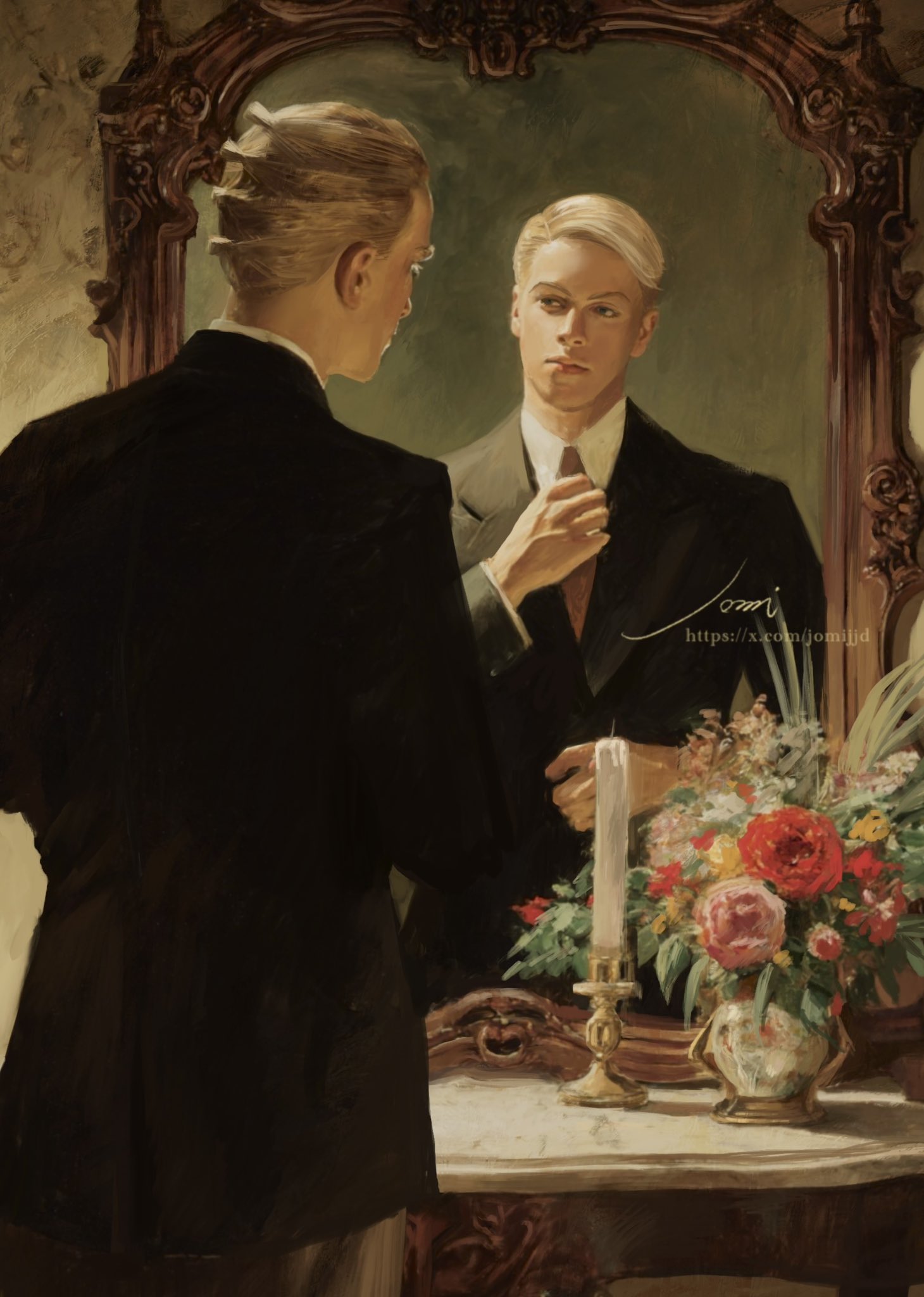 1boy, adjusting_clothes, adjusting_necktie, blonde_hair, candle, candlestand, commentary, flower