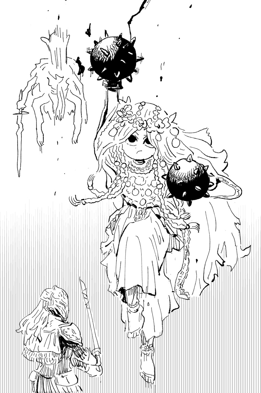 1boy, 1girl, absurdres, barefoot, braid, cosplay, doll_joints, elden_ring, elden_ring_nightreign, executor_(elden_ring), flower_wreath, game_screenshot_inset, gameplay_mechanics, greyscale, highres, joints, jumping, kangyaku, knee_up, low_twin_braids, monochrome, official_alternate_costume, punching, revenant_(elden_ring), solo, twin_braids, veil, yuria_of_londor, yuria_of_londor_(cosplay)