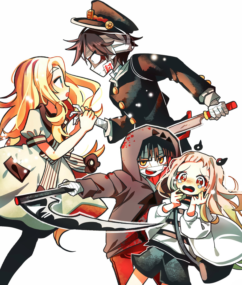 2boys, 2girls, angelsmason, bandaged_hand, bandaged_head, bandages, black_hair, black_hat, black_hoodie, black_jacket, blonde_hair, blood, blood_on_clothes, cosplay, crossover, dress, gakuran, hanako_(jibaku_shounen_hanako-kun), hanako_(jibaku_shounen_hanako-kun)_(cosplay), hat, highres, holding, holding_another's_wrist, holding_knife, holding_scythe, hood, hood_up, hoodie, isaac_foster, isaac_foster_(cosplay), jacket, jibaku_shounen_hanako-kun, knife, long_hair, looking_at_another, looking_at_viewer, multiple_boys, multiple_girls, rachel_gardner, rachel_gardner_(cosplay), satsuriku_no_tenshi, school_uniform, scythe, shirt, short_hair, simple_background, smile, striped_clothes, striped_shirt, tears, white_background, white_dress, yashiro_nene, yashiro_nene_(cosplay)