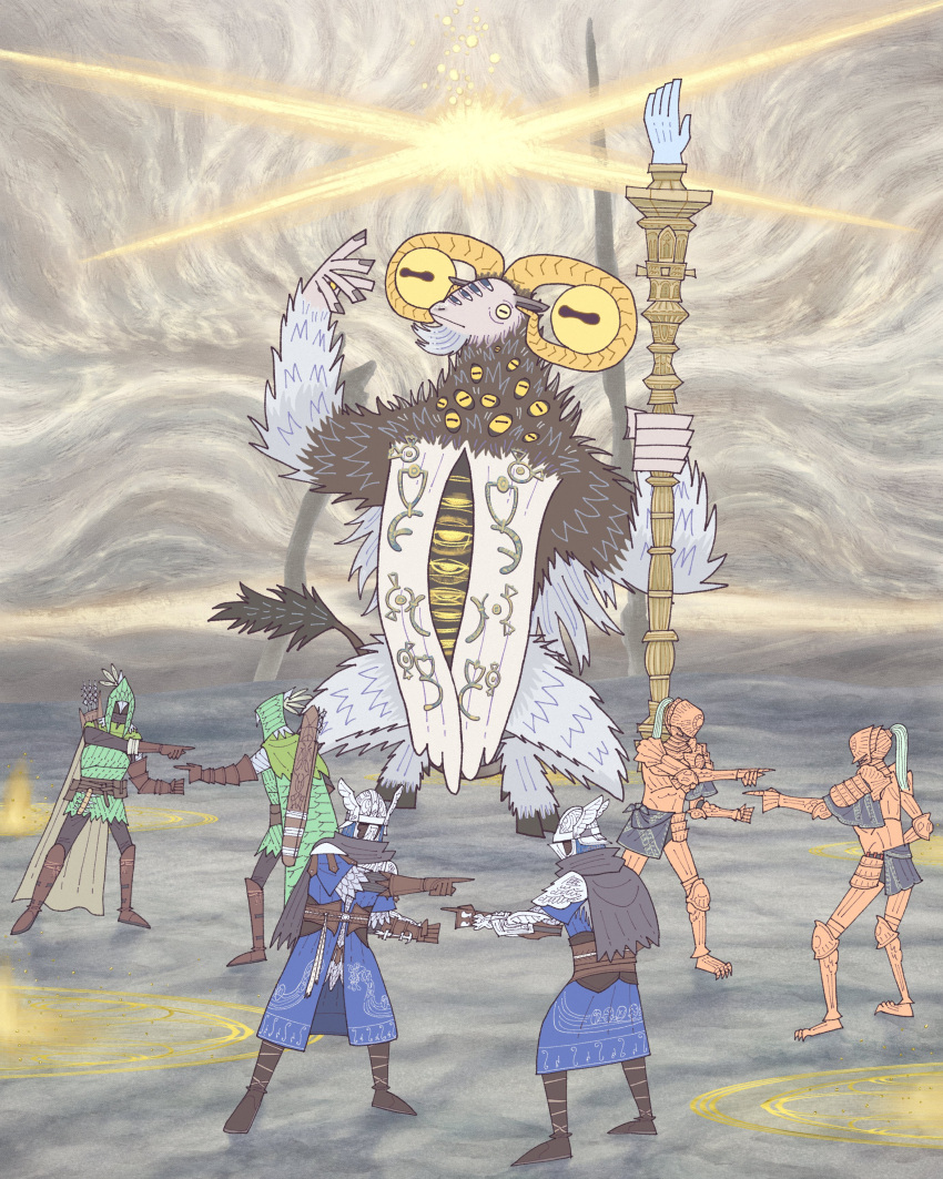 6+boys, absurdres, armor, bibuo, blue_surcoat, body_piercings, disembodied_eye, elden_ring