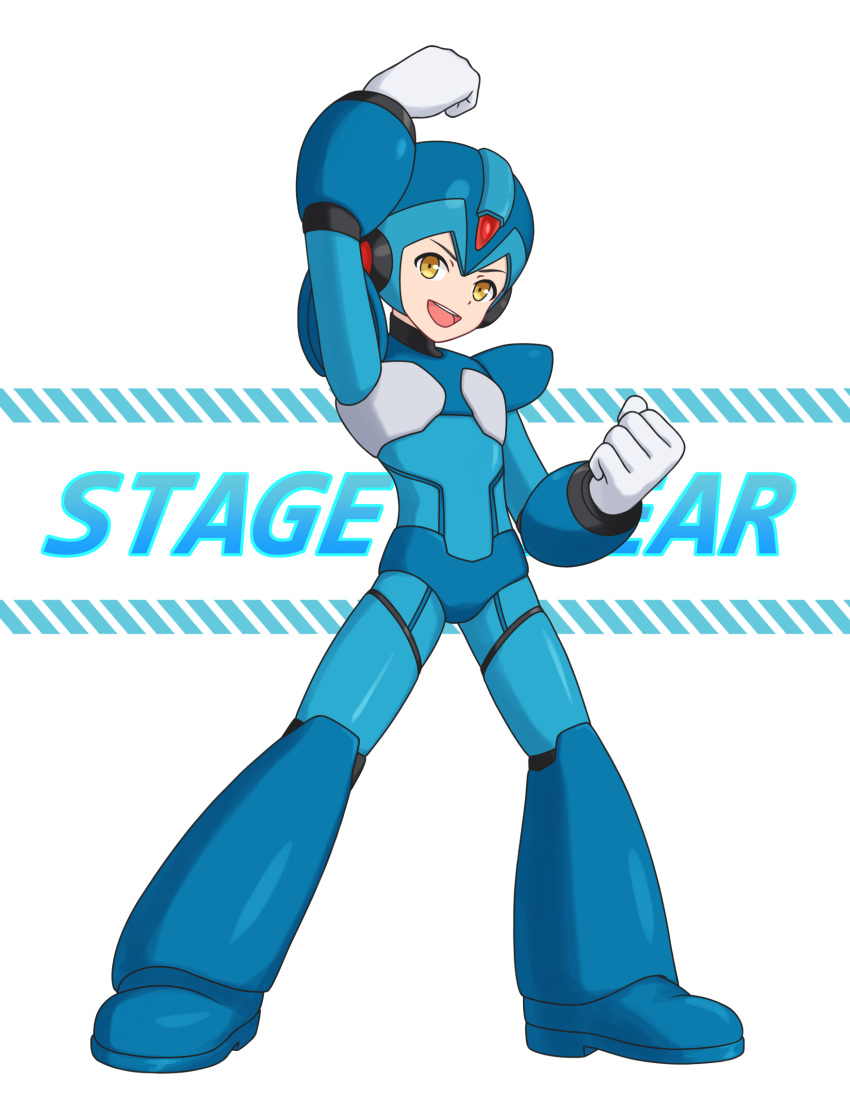1boy, arm_up, armor, blue_armor, blue_helmet, clenched_hands, commentary, commission