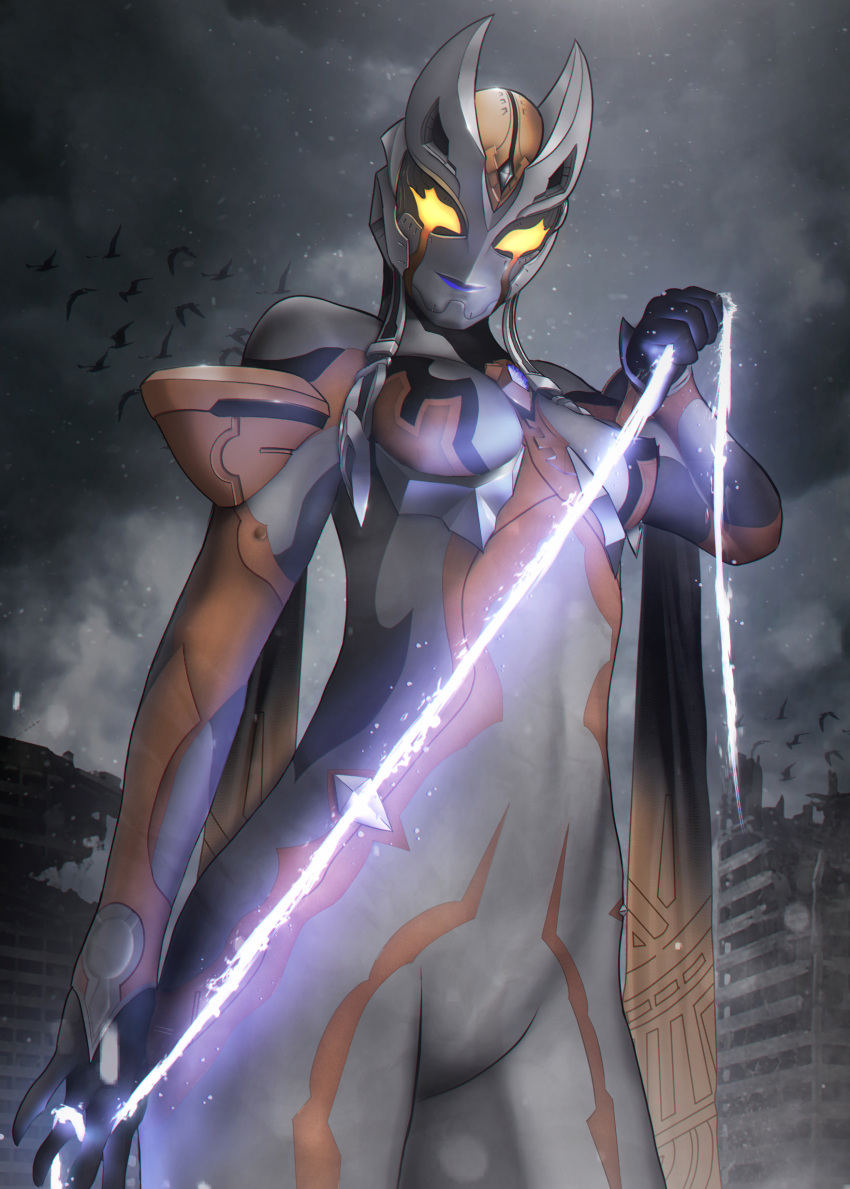 1girl, absurdres, alien, armor, black_skin, boshi_(atuki_mk2), breasts, building, carmeara, city, cityscape, clouds, color_timer, colored_skin, commentary, contrapposto, cowboy_shot, crystal, dark_cloud, energy, energy_whip, facial_mark, forehead_jewel, giant, giantess, glowing, glowing_eyes, gold_skin, grey_skin, hand_up, highres, holding, holding_whip, horns, legs_together, looking_at_viewer, looking_down, medium_breasts, monster, multicolored_skin, orange_eyes, outdoors, overcast, purple_lips, ruins, shoulder_armor, silver_skin, sky, solo, standing, tokusatsu, toned, toned_female, tsurime, ultra_series, ultraman_trigger_(series), whip