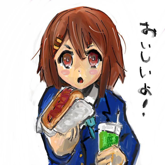 blush, food, hair_ornament, hairclip, hirasawa_yui, k-on!, open_mouth, school_uniform
