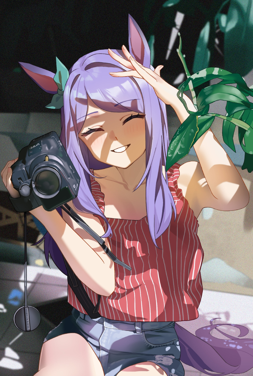 1girl, animal_ears, camera, closed_eyes, collarbone, facing_viewer, highres, holding, holding_camera, horse_ears, horse_girl, horse_tail, long_hair, mejiro_mcqueen_(umamusume), purple_hair, red_vest, short_shorts, shorts, sitting, smile, solo, tail, tuomali, umamusume, vest