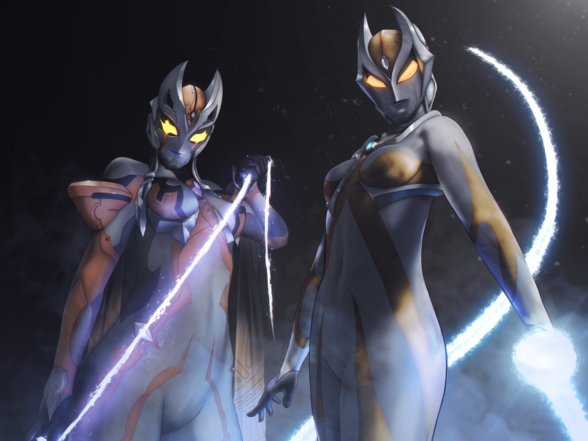 2girls, absurdres, alien, armor, black_background, black_skin, boshi_(atuki_mk2), breasts