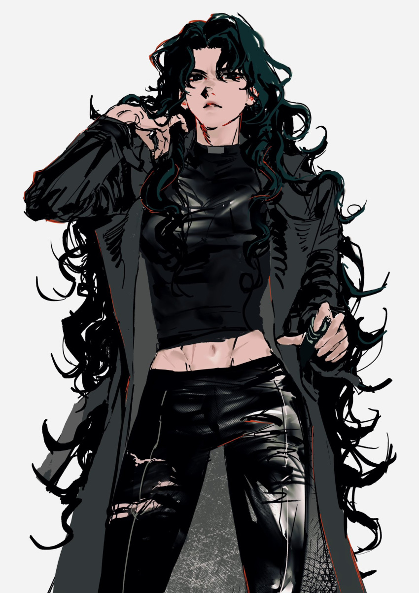 1girl, black_coat, black_eyes, black_hair, black_pantyhose, black_tank_top, coat, feet_out_of_frame