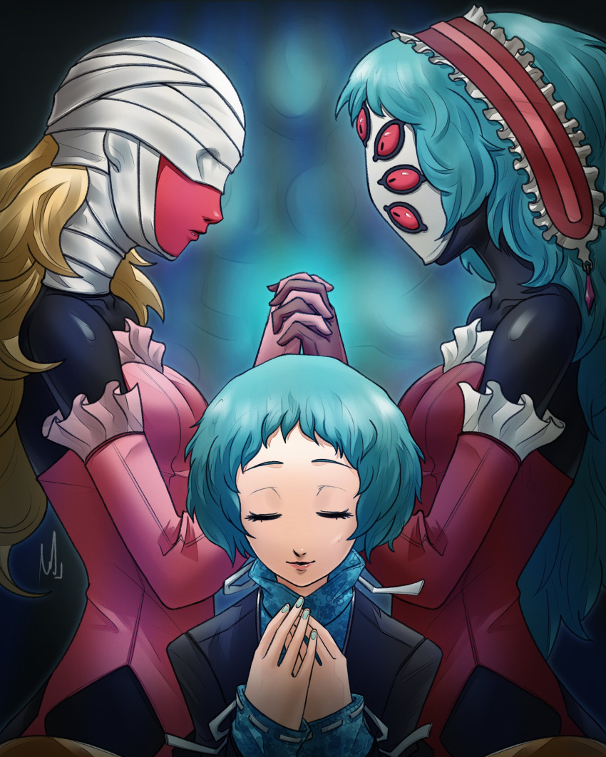 3girls, absurdres, bandaged_head, bandages, bandages_over_eyes, black_skin, blonde_hair, blue_hair