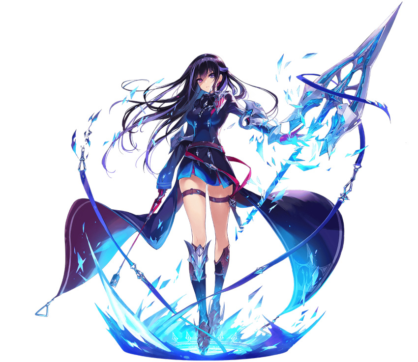 1girl, armored_boots, belt, blue_hair, boots, closed_mouth, forcas, full_body, hand_to_weapon, highres, holding, holding_polearm, holding_weapon, long_hair, long_sleeves, looking_at_viewer, miniskirt, multicolored_hair, official_alternate_costume, official_art, outstretched_arm, phantom_of_the_kill, polearm, purple_background, shibuhiko, simple_background, skirt, sleeves_past_wrists, solo, spear, standing, thigh_strap, thighs, third-party_source, transparent_background, two-tone_hair, violet_eyes, weapon, whip