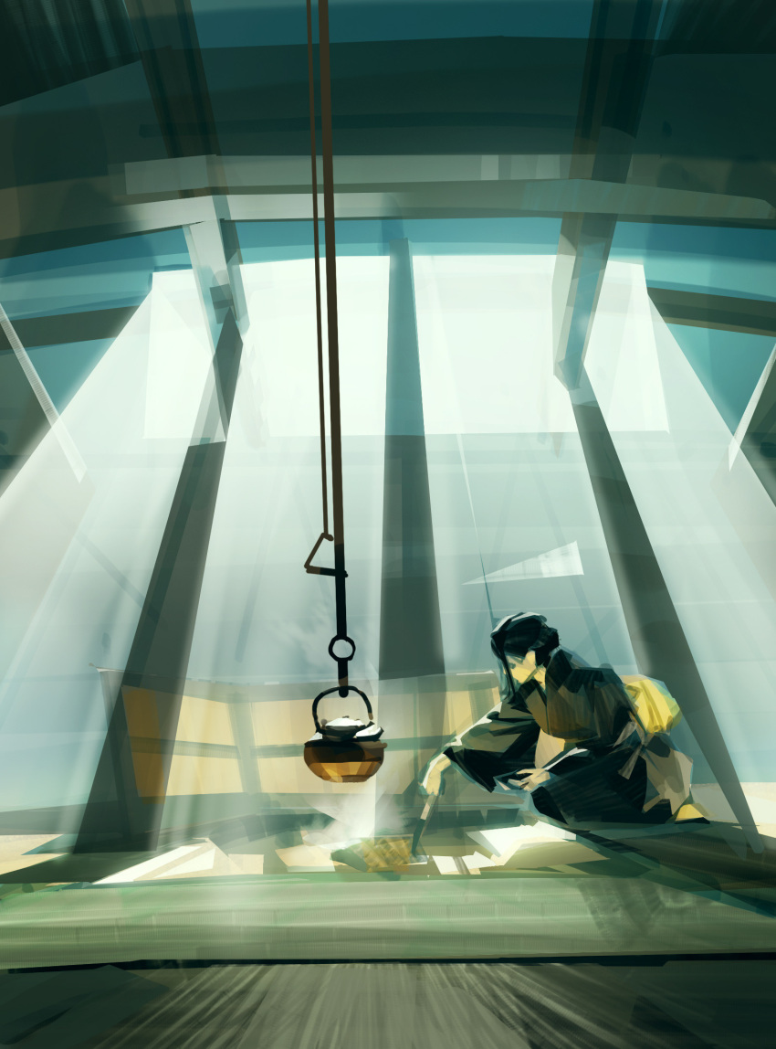 1girl, bag, ben_lo, black_robe, faceless, fire, full_body, highres