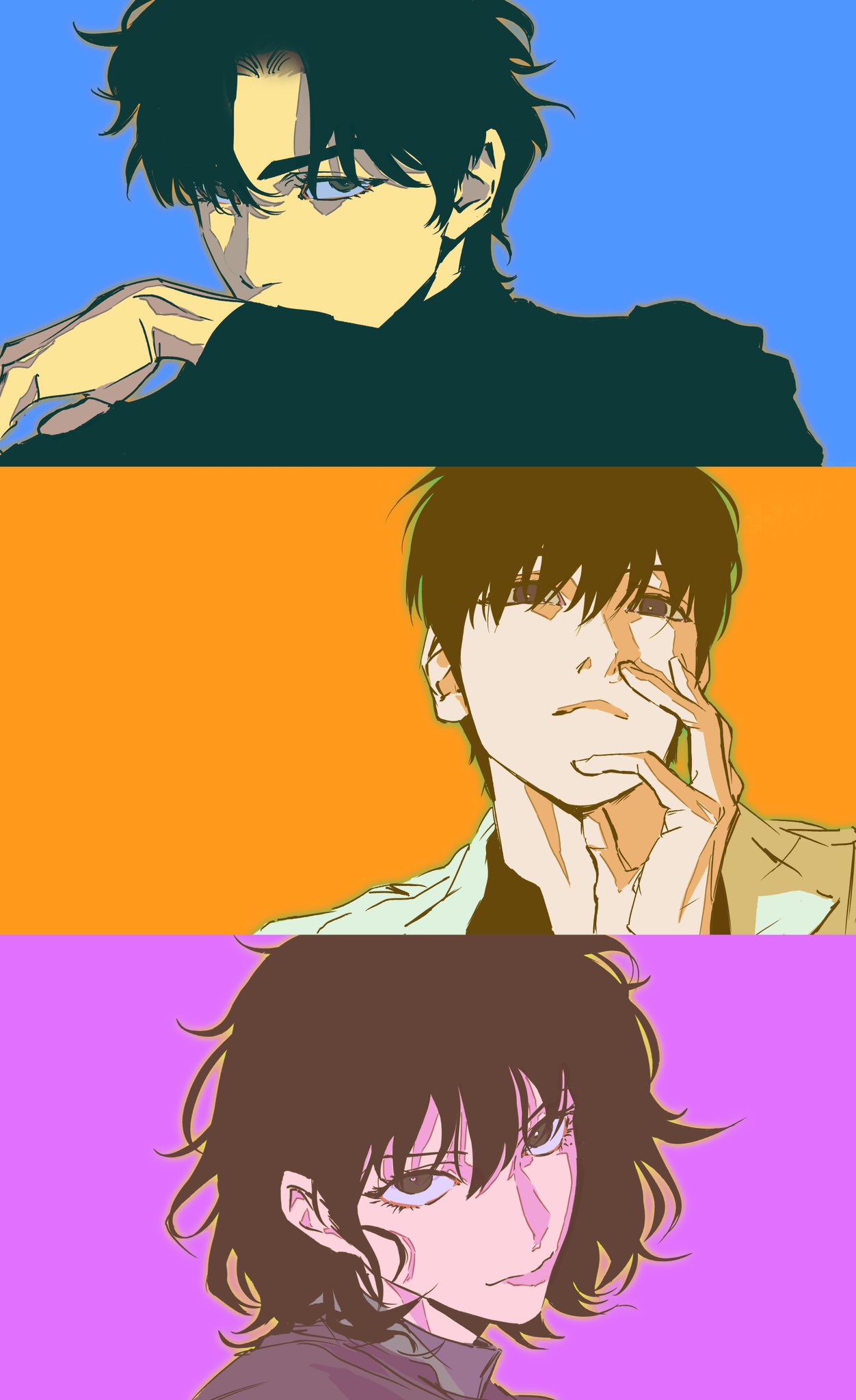 1girl, 2boys, :p, analogous_colors, black_eyes, black_hair, black_shirt, bob_cut