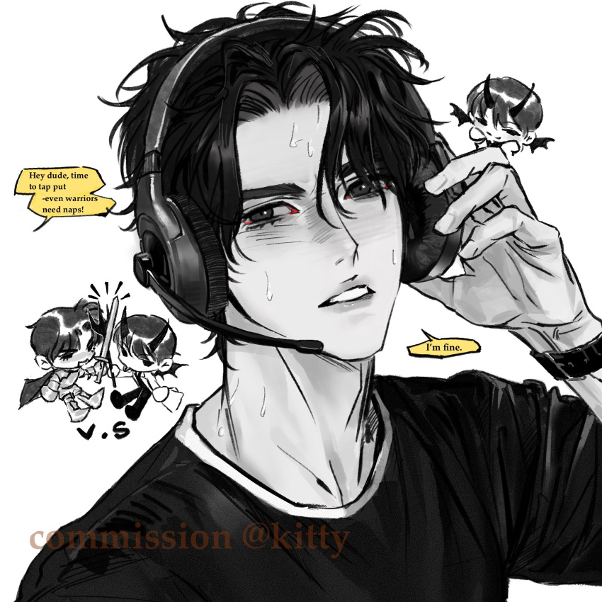 1boy, adjusting_headset, black_eyes, black_hair, black_shirt, bloodshot_eyes, chibi, chibi_inset